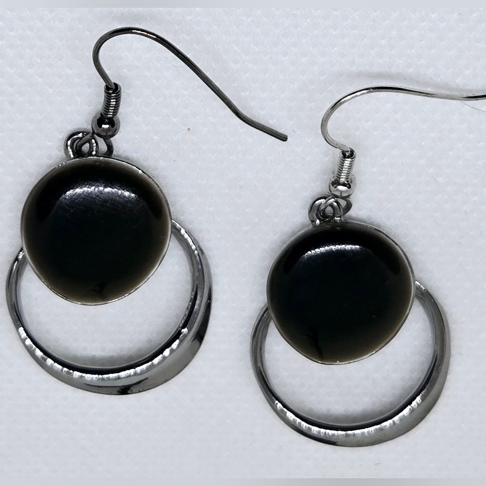 Black & Silver Tone Double Circle Dangle Earrings Modern Minimal